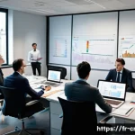 신용분석사 시험 기출문제 분석 - A professional office scene showing a diverse group of French financial analysts gathered around a l...