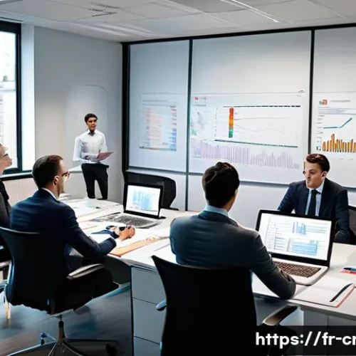 신용분석사 시험 기출문제 분석 - A professional office scene showing a diverse group of French financial analysts gathered around a l...