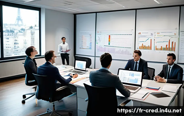 신용분석사 시험 기출문제 분석 - A professional office scene showing a diverse group of French financial analysts gathered around a l...