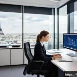 신용분석사 경력 쌓기 팁 - A modern French financial analyst office scene showing a professional woman in business attire sitti...