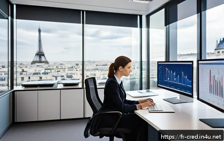 신용분석사 경력 쌓기 팁 - A modern French financial analyst office scene showing a professional woman in business attire sitti...